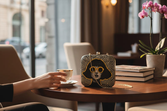 Black Stylish Clutch with Women Portrait Wearing Goggle