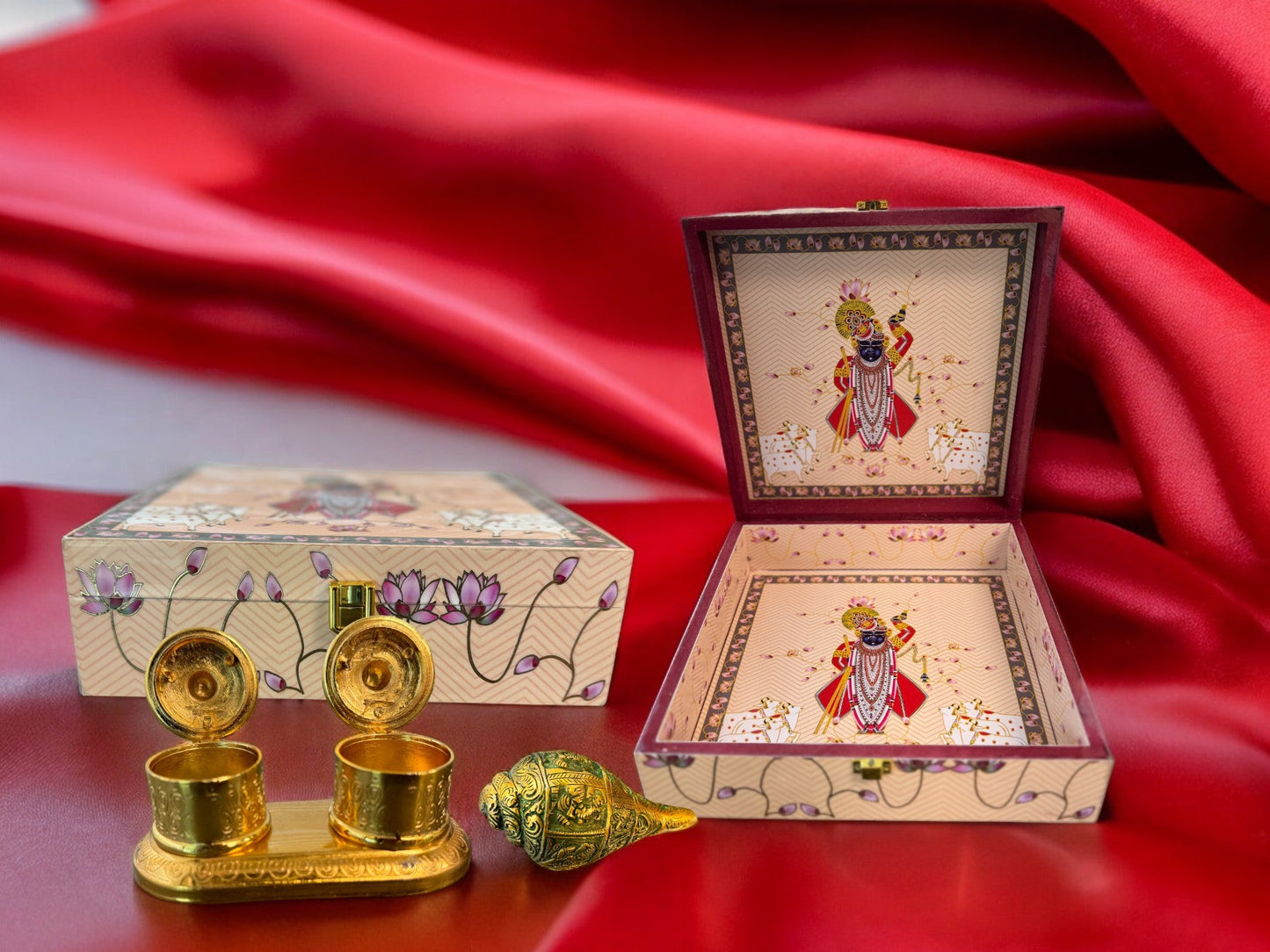 Pichwai Wooden Trinket Box - Peach