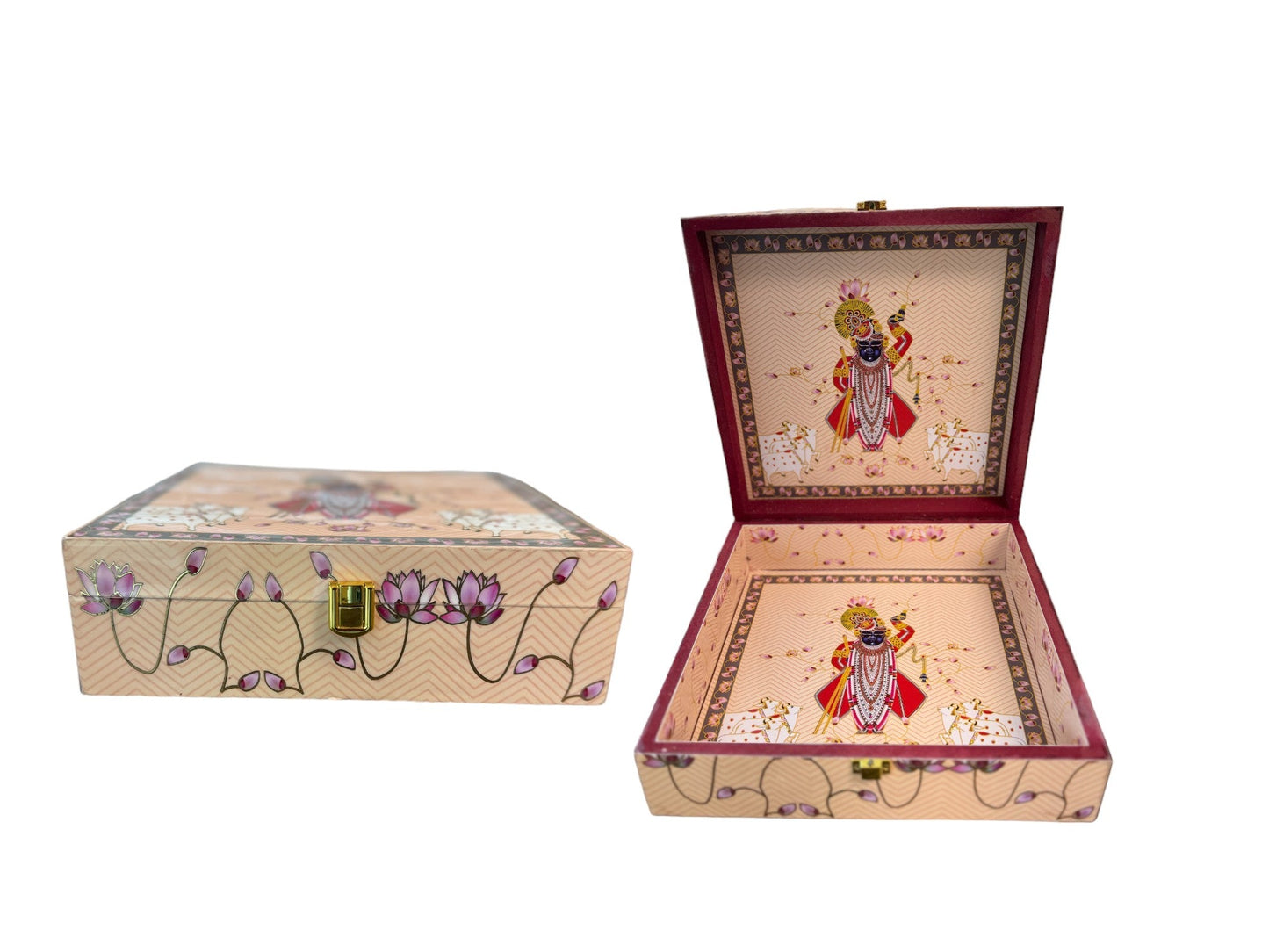 Pichwai Wooden Trinket Box - Peach