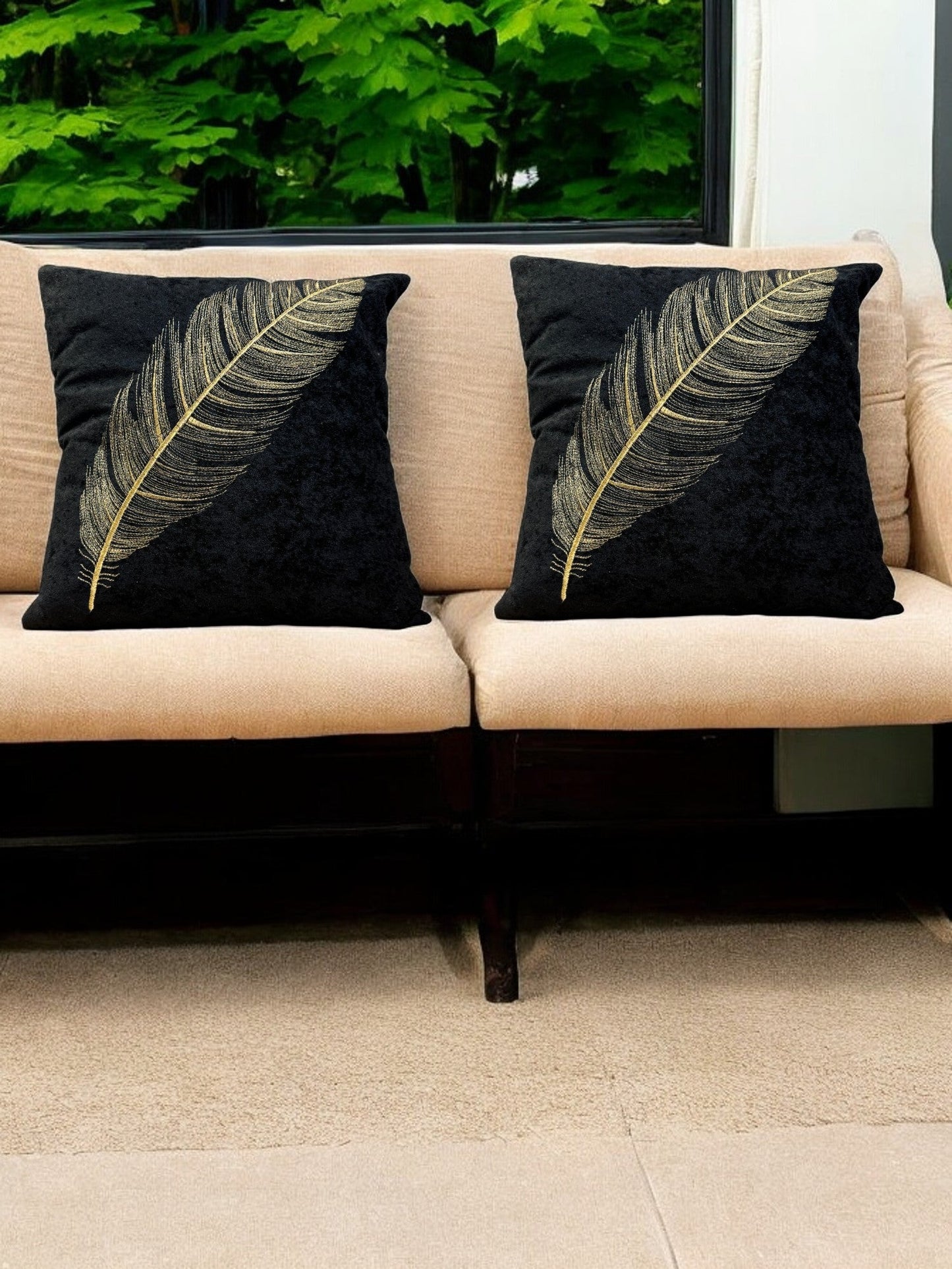 Velvet Cushion or Pillow Cover with Golden Feather Embroidery, Set of 2
