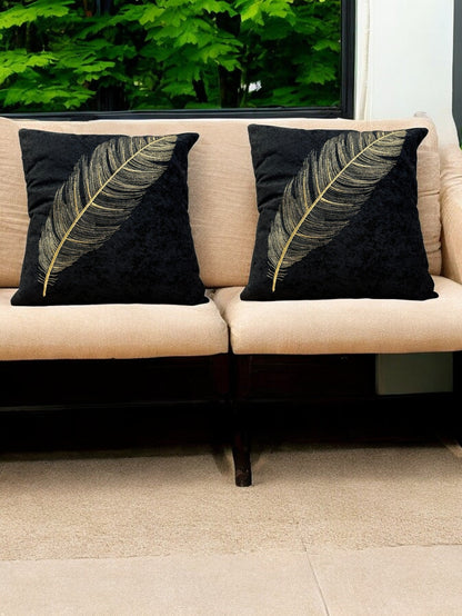 Velvet Cushion or Pillow Cover with Golden Feather Embroidery, Set of 2