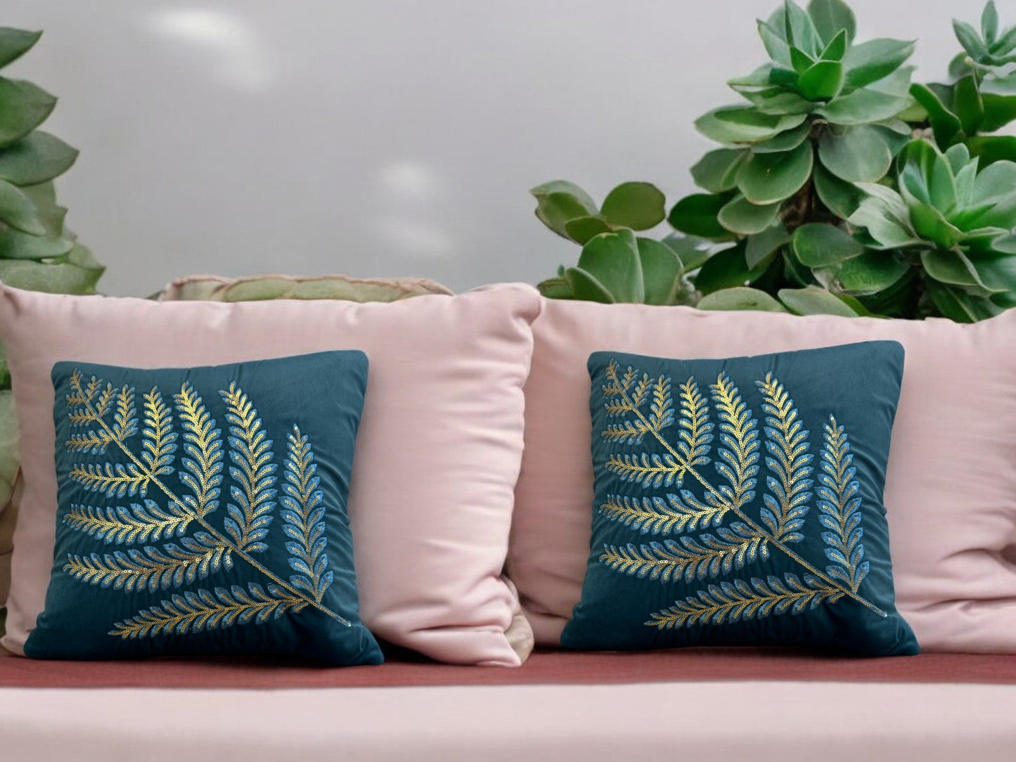 Velvet Cushion or Pillow Cover with Australian Leaf Design, Set of 2