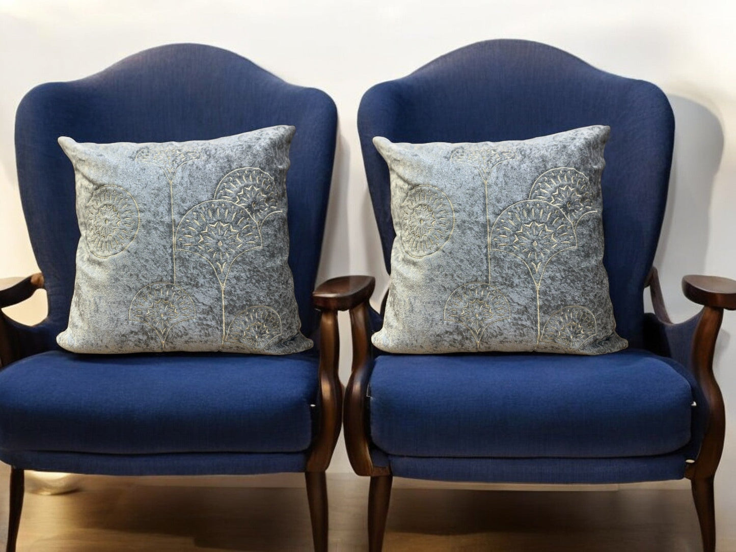 Velvet Cushion or Pillow Cover with Golden Embroidery Set of 2