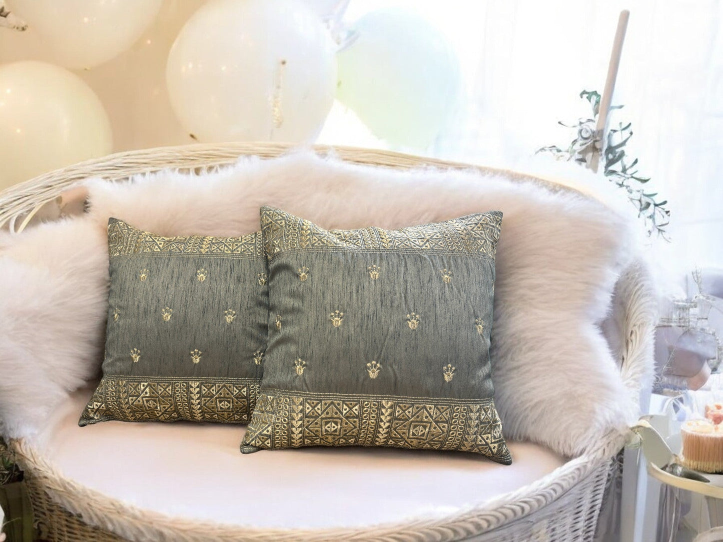 Silk Cushion or Pillow Cover with King Crown & Border Embroidery, Set of 2