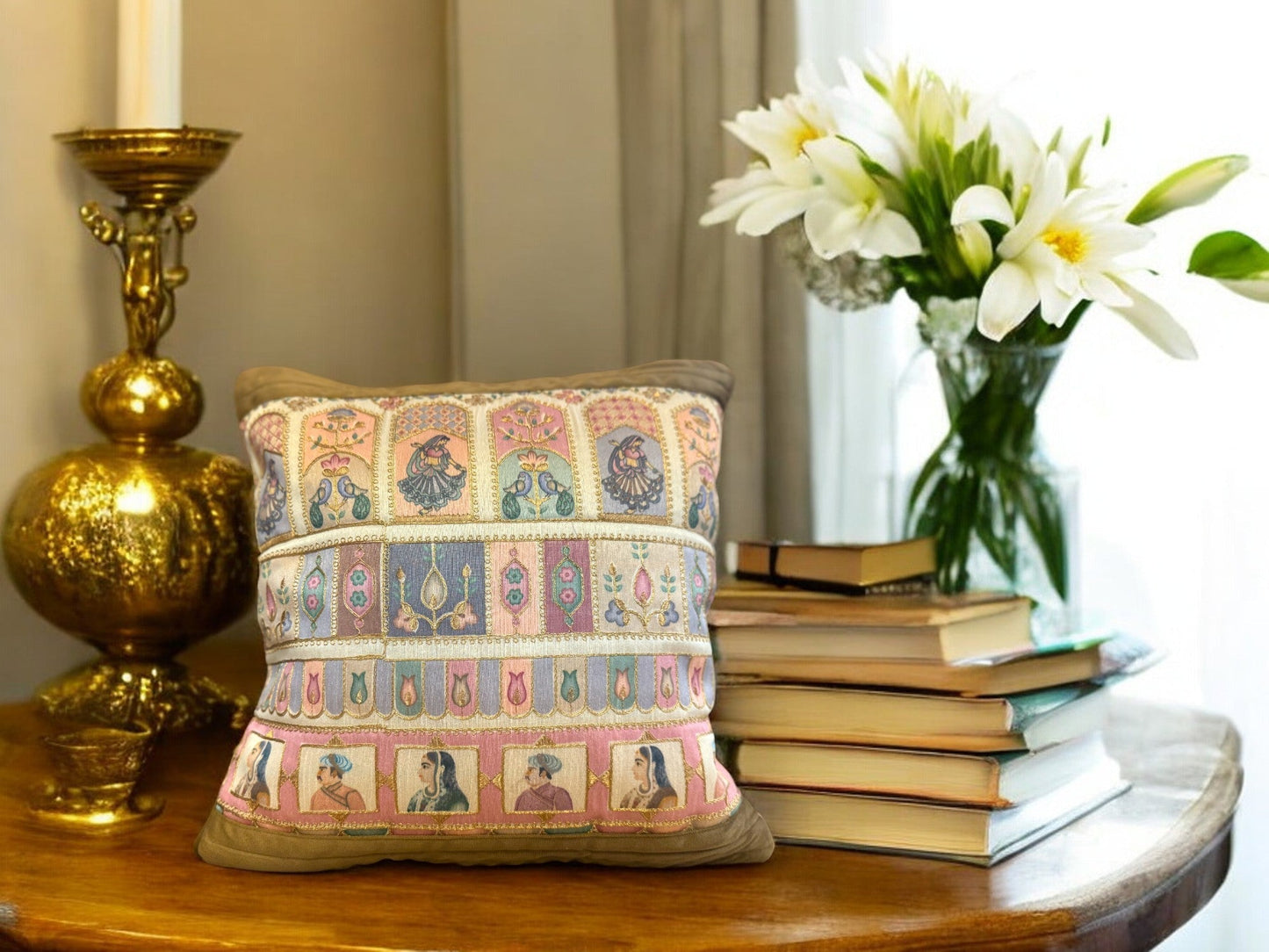 Velvet & Silk Mixed Cushion or Pillow Cover with Raja Rani Thread Work, Set of 1