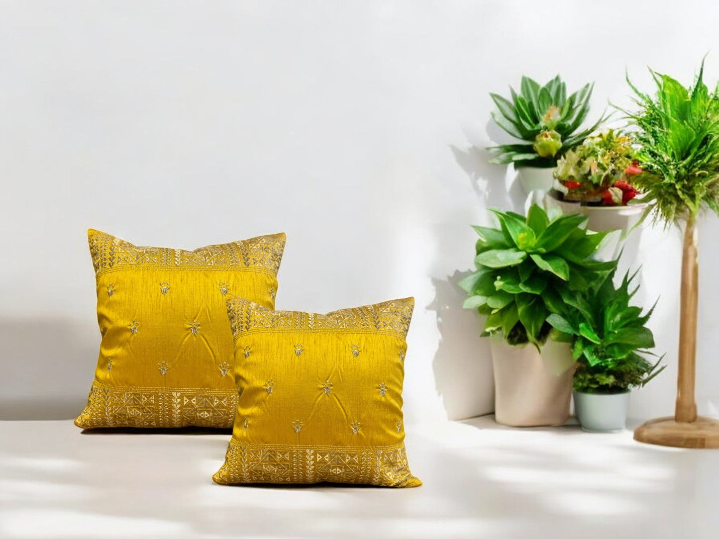 Silk Cushion or Pillow Cover with King Crown & Border Embroidery, Set of 2