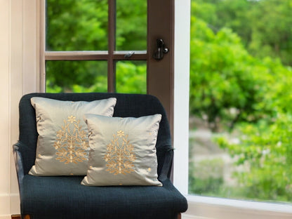 Satin Cushion or Pillow Cover with Golden Flower & Leaf, Set of 2