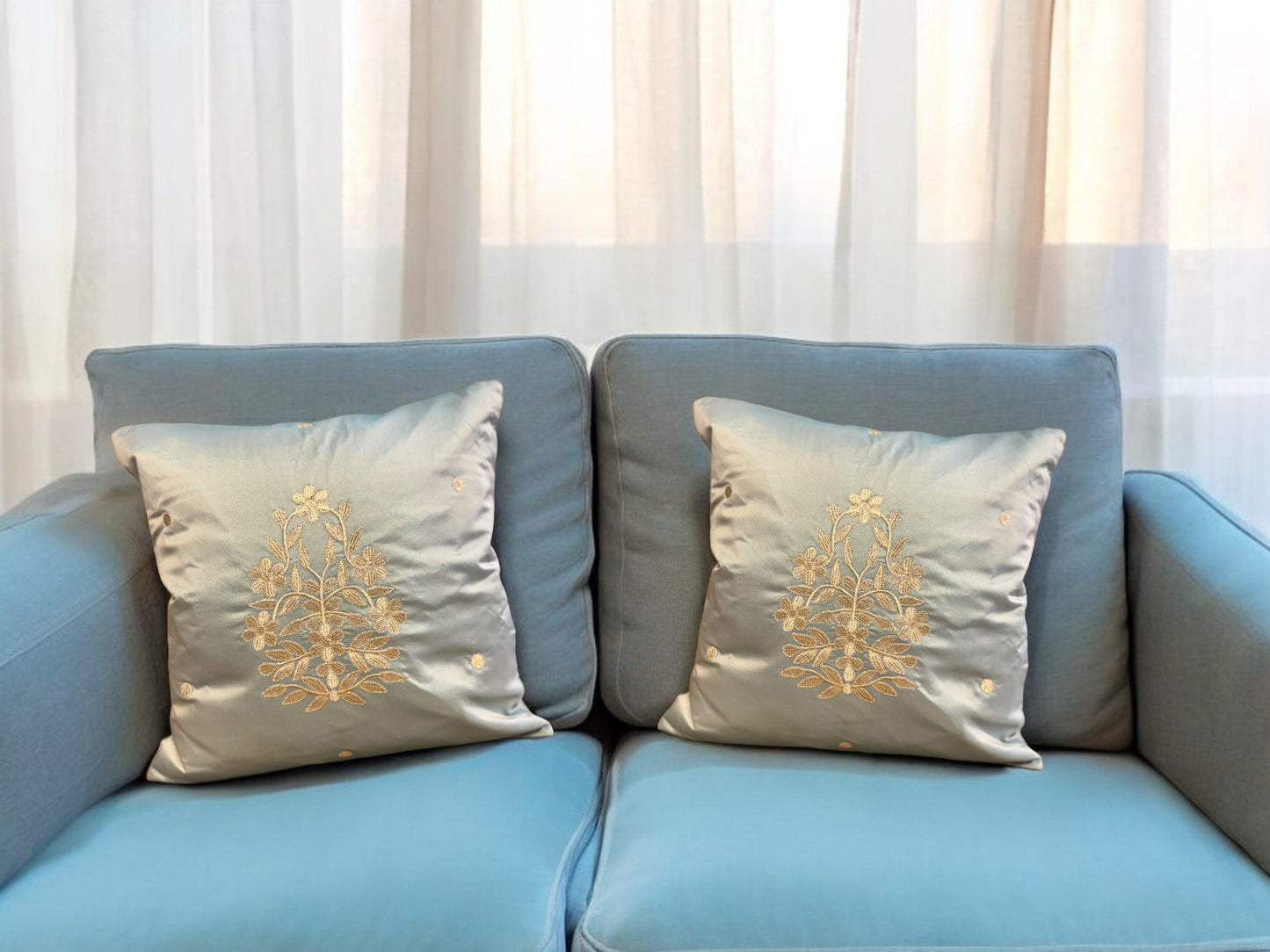 Satin Cushion or Pillow Cover with Golden Flower & Leaf, Set of 2