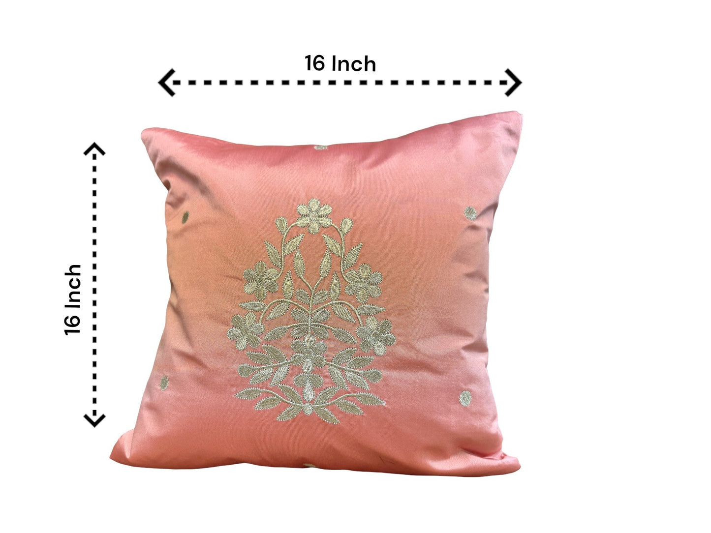 Satin Cushion or Pillow Cover with Golden Flower & Leaf, Set of 2