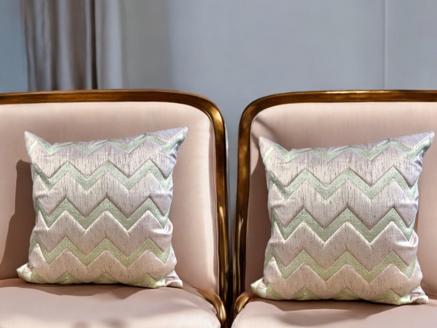 Silk Cushion or Pillow Cover with Golden Zigzag Embroidery, Set of 2