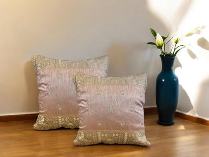 Silk Cushion or Pillow Cover with King Crown & Border Embroidery, Set of 2