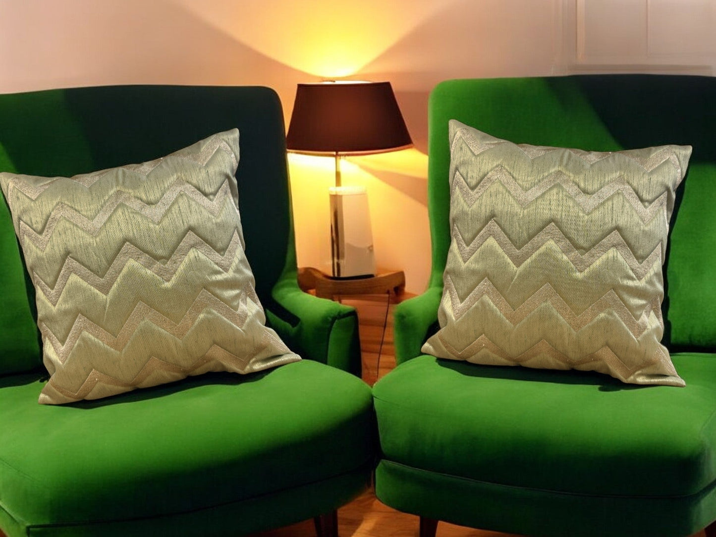 Silk Cushion or Pillow Cover with Golden Zigzag Embroidery, Set of 2