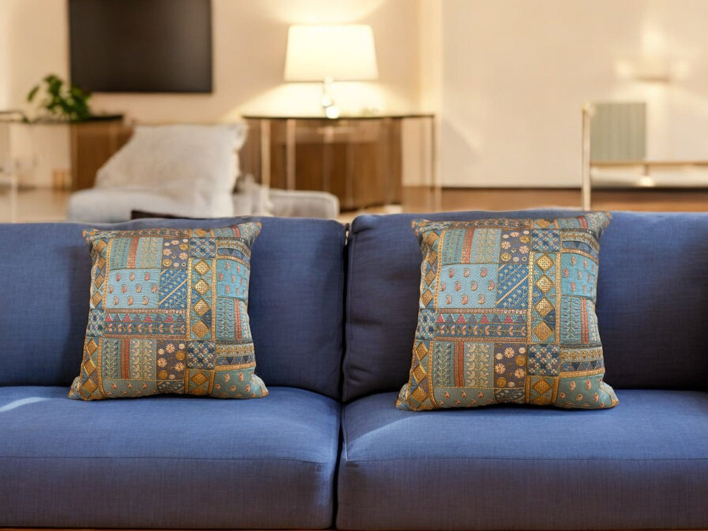 Silk Cushion or Pillow Cover with Heavy Traditional Indian Thread Work, Set of 2