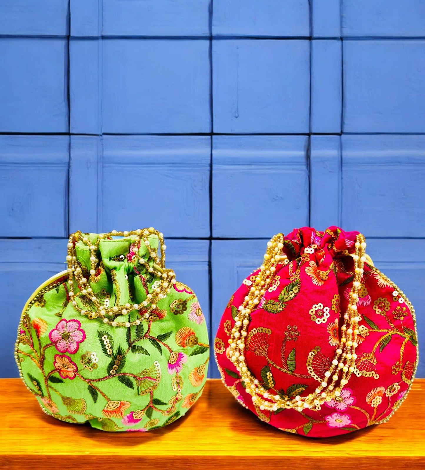 Embroidered Silk Potli Bags - Green and Red