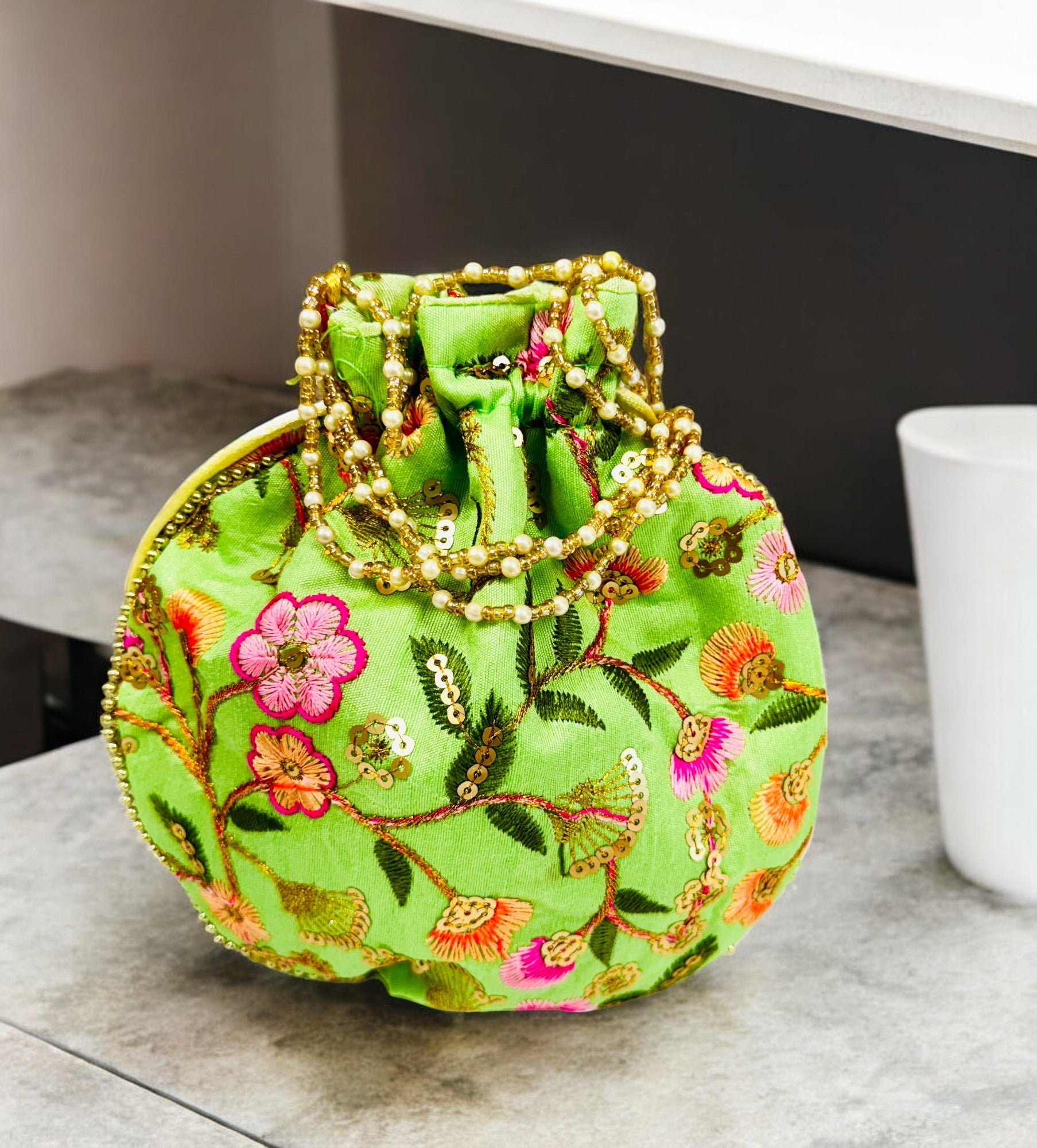 Embroidered Silk Potli Bags - Green