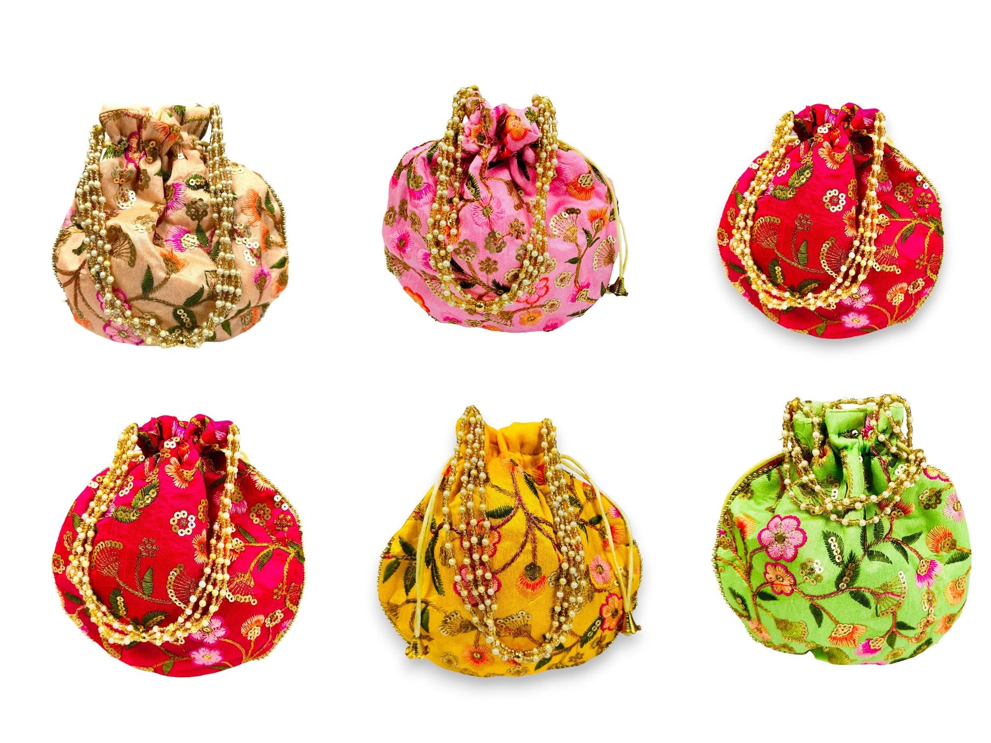 Embroidered Silk Potli Bags - Pack of 6