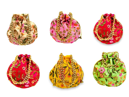 Embroidered Silk Potli Bags - Pack of 6