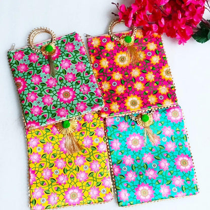 Lotus Print Silk Bags with Zipper & Round Handle, Set of 4