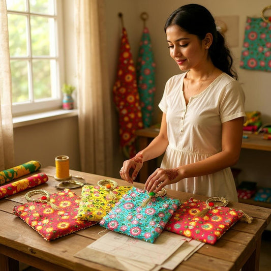 Lotus Print Silk Bags with Zipper & Round Handle, Set of 4