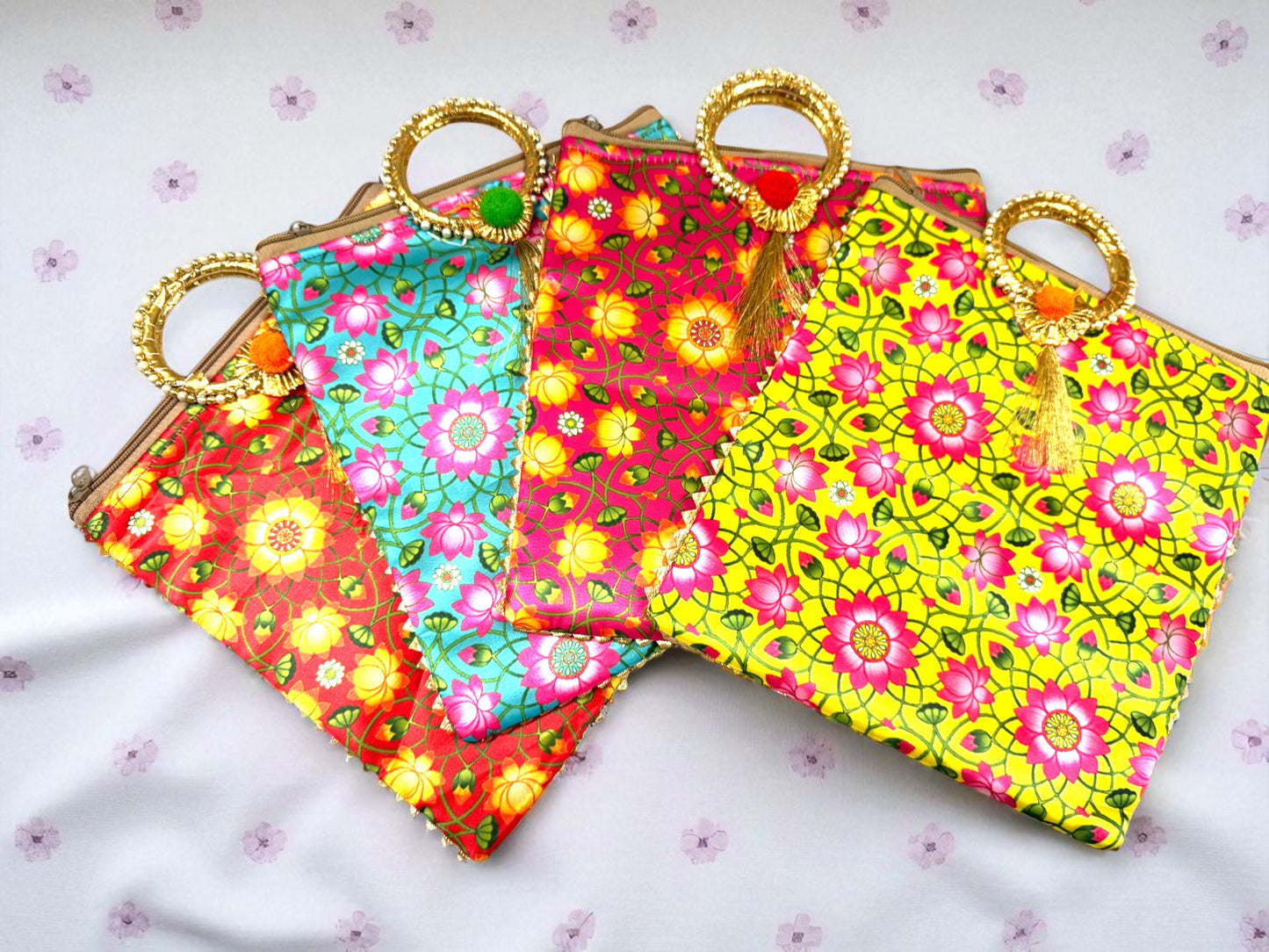 Lotus Print Silk Bags with Zipper & Round Handle, Set of 4