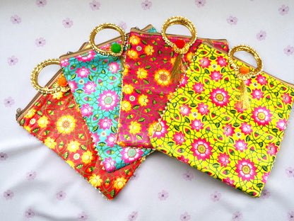 Lotus Print Silk Bags with Zipper & Round Handle, Set of 4