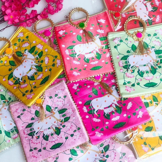 Pichwai Print Silk Bags with Zipper & Round Handle, Set of 5