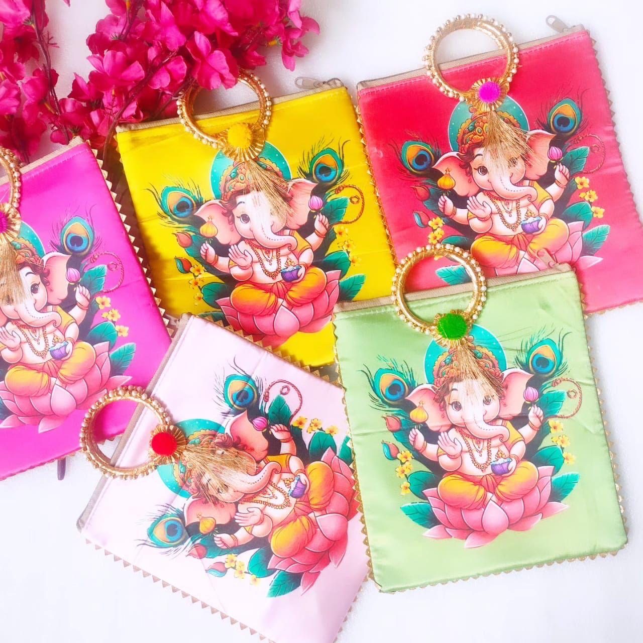 Ganesha Print Silk Bags with Zipper & Round Handle, Set of 5