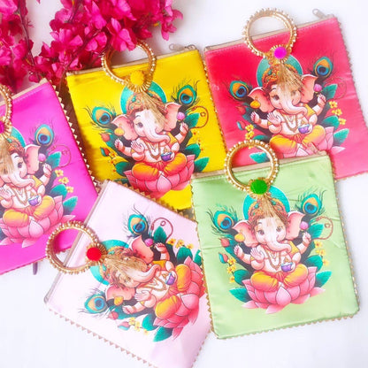 Ganesha Print Silk Bags with Zipper & Round Handle, Set of 5