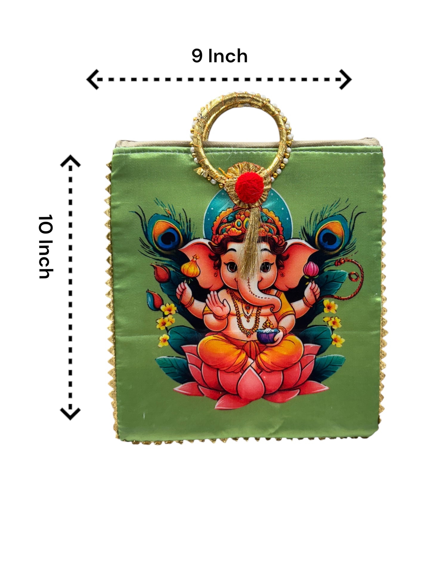 Ganesha Print Silk Bags with Zipper & Round Handle, Set of 5