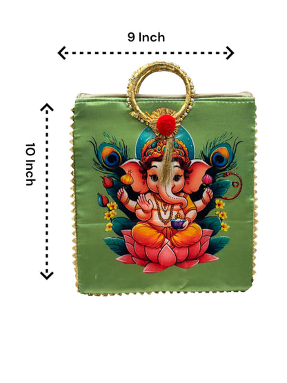 Ganesha Print Silk Bags with Zipper & Round Handle, Set of 5