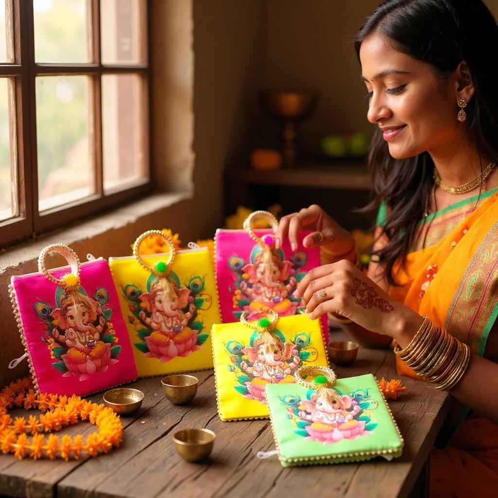 Ganesha Print Silk Bags with Zipper & Round Handle, Set of 5
