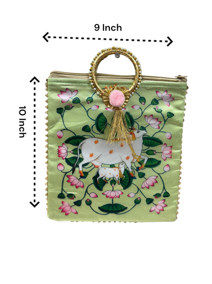 Pichwai Print Silk Bags with Zipper & Round Handle, Set of 5