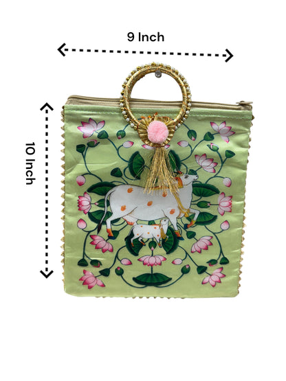 Pichwai Print Silk Bags with Zipper & Round Handle, Set of 5