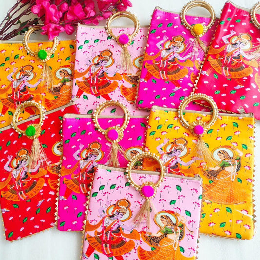 Radha Krishna Print Silk Bags with Zipper & Round Handle, Set of 5