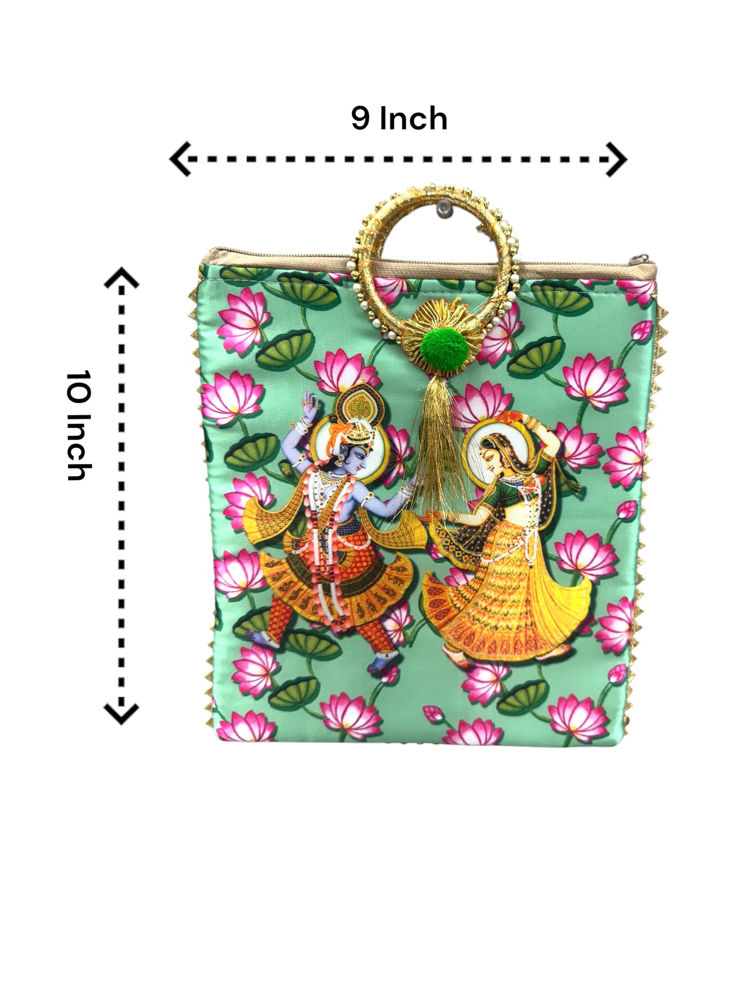 Radha Krishna Print Silk Bags with Zipper & Round Handle, Set of 5