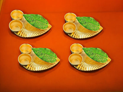 Haldi Kumkum Plate with Leaf, Set of 4