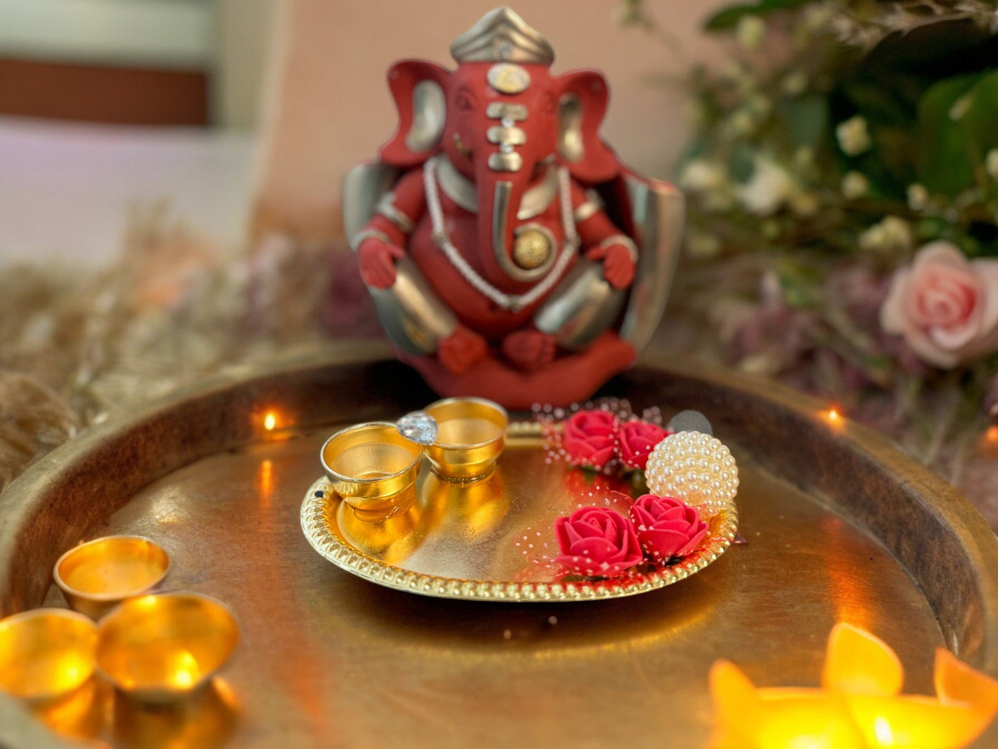 Haldi Kumkum Plate with Roses & Pearl, Set of 4