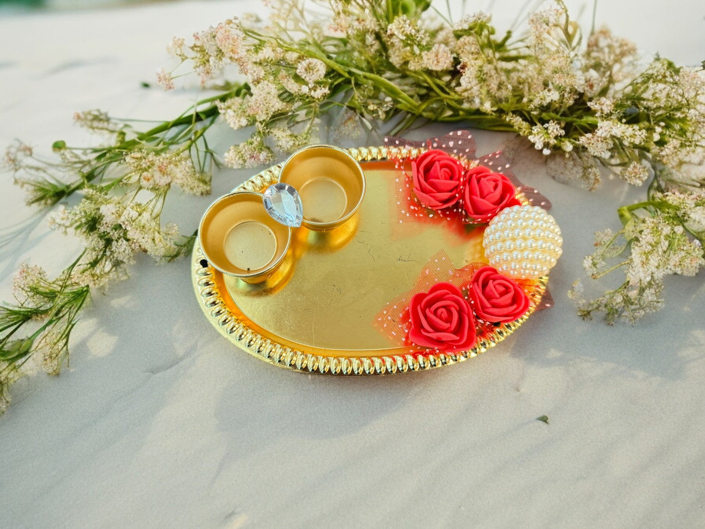 Haldi Kumkum Plate with Roses & Pearl, Set of 4