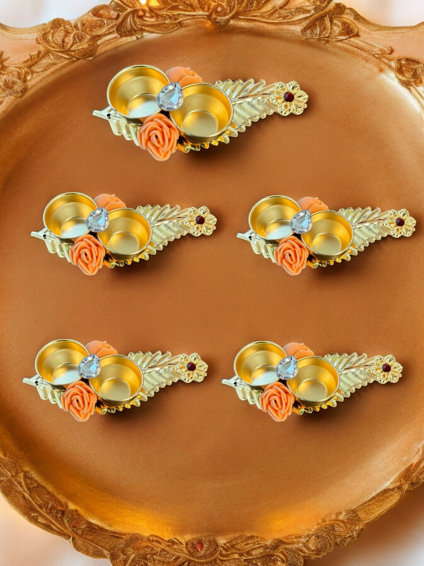 Haldi Kumkum Plate with Feather & Flower, Set of 5