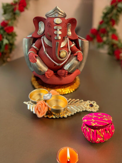 Haldi Kumkum Plate with Feather & Flower, Set of 5