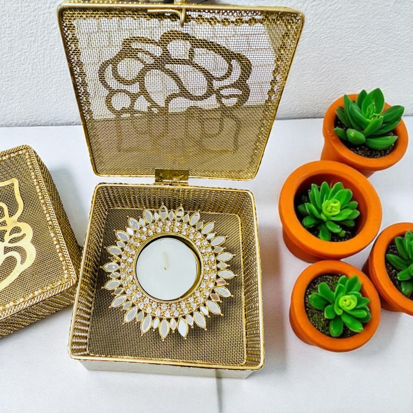 Golden Metal Ganesha Gift Boxes - Set of 2 - Perfect To Pack Small Gifts Like Diya, Jewelry