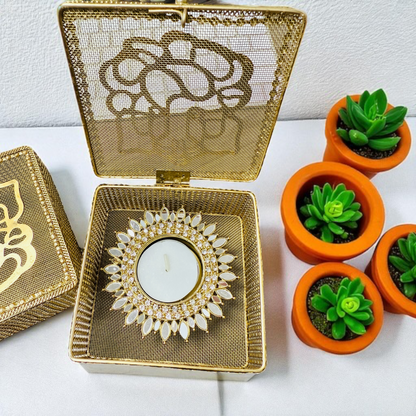 Golden Metal Ganesha Gift Boxes - Set of 2 - Perfect To Pack Small Gifts Like Diya, Jewelry