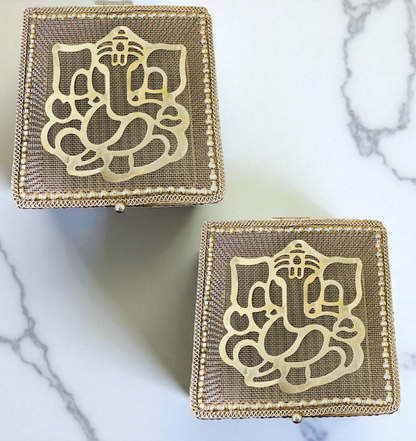Golden Metal Ganesha Gift Boxes - Set of 2 - Perfect To Pack Small Gifts Like Diya, Jewelry