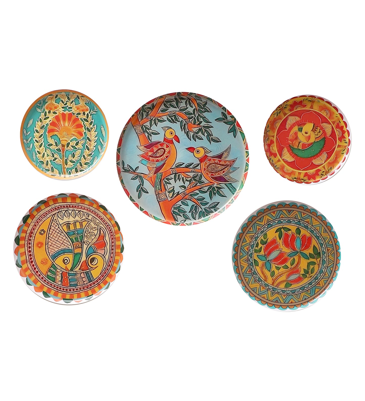 Set of 5 - Round Metal & Meena Wall Plates