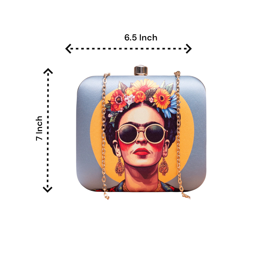 Indian Ethnic Designer Clutch with Lady Portrait Wearing Goggles & Floral Crown