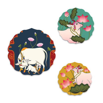 Set of 3 - Round Shape Wooden Wall Hanging Decor | Handcrafted Art | Mdf| Paintings | Sinary | Gifts | Sceneries For Wall | Unique Gift