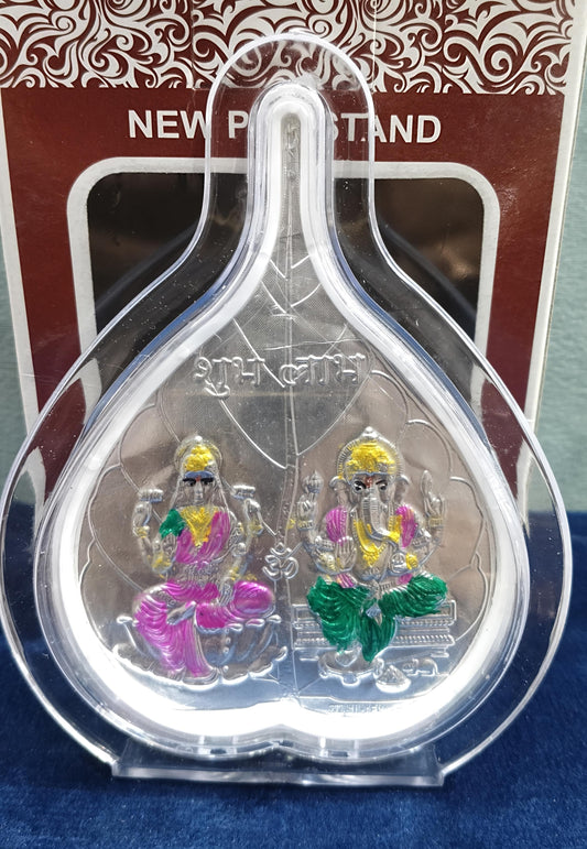 999 Pure Silver Betel Leaf or Paan Frame with Colored Laxmi Ganesha Design - Set of 5