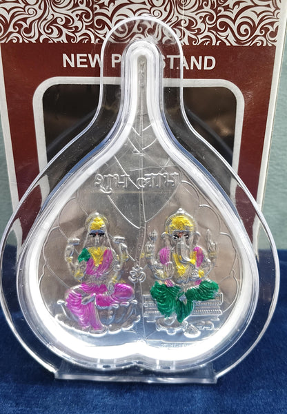 999 Pure Silver Foil Betel Leaf or Paan Frame with Colored Laxmi Ganesha Design