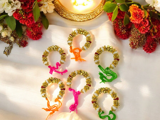 Beautiful Ghungroo & Pearl Bracelet Set of 6 for Wedding rituals, Mata ki chowki, Pooja - Set of 6
