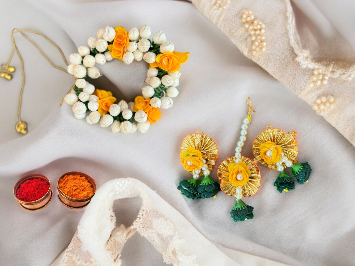 Flower & Pearl Earrings & Mangtika